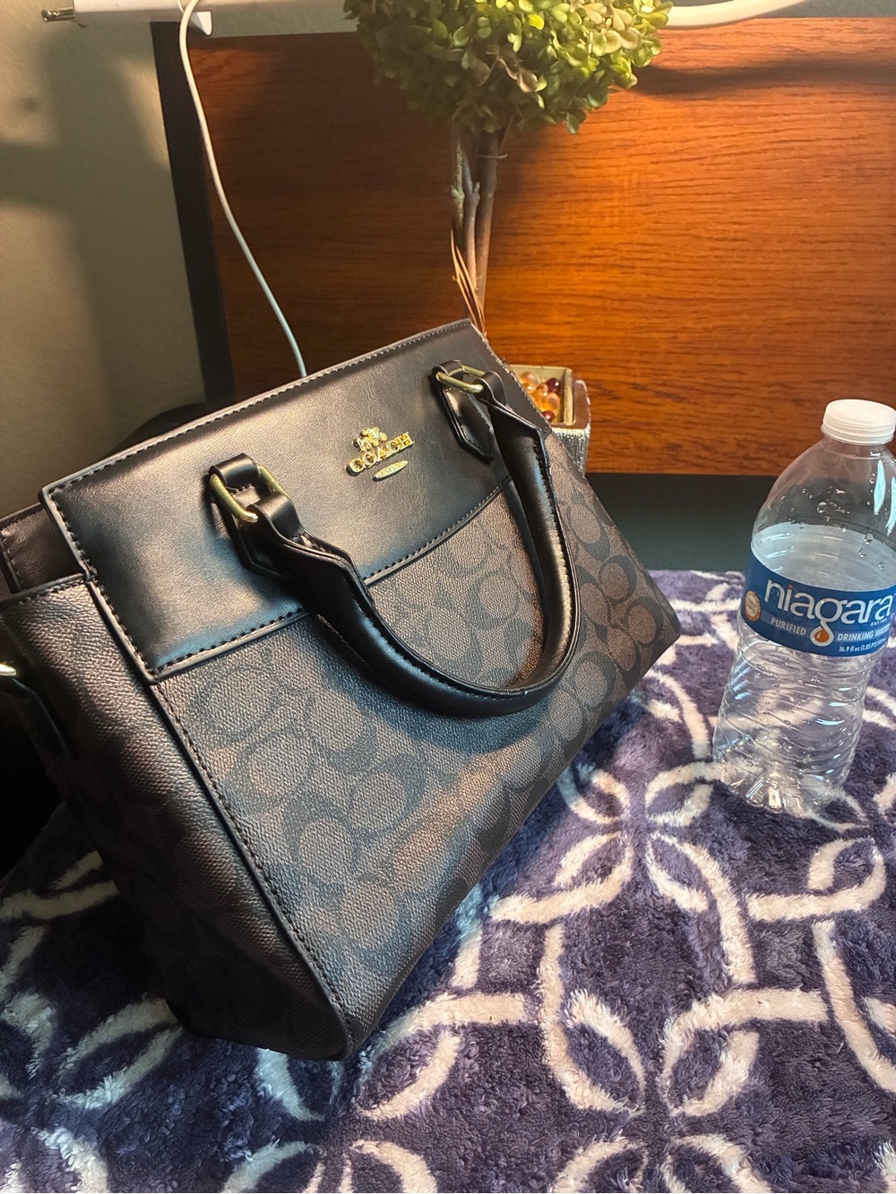 Coach Brown Signature Canvas Satchel with Black Trim - Picture 2 of 5